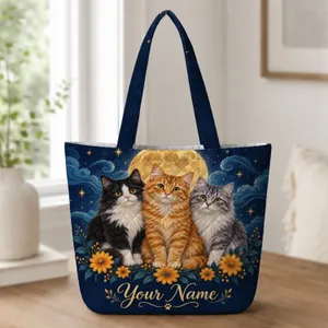 Three Cats Beneath a Starry Moon for Cat Lovers, Whimsical Home and Everyday Style Quilted Tote Bag