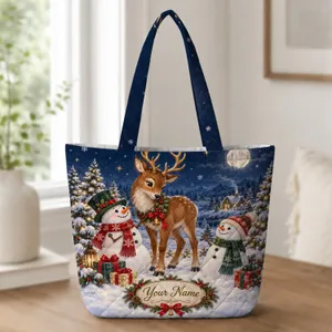 Reindeer And Snowmen Christmas Scene For Winter Celebrations And Snowman Lovers Quilted Tote Bag