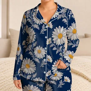 White Daisy Lace Floral Motif for Spring Summer Beach Vacation Travel Style for Women Satin Pajamas Set