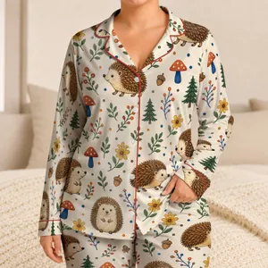 Hedgehog Mushroom Forest Scene, Cozy Bedtime Loungewear For Women And Nature Lovers Satin Pajamas Set