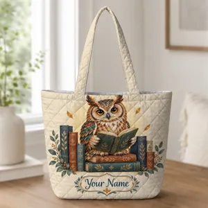 Owl Reading Among Vintage Books for Library Days and Book Club Gifts for Avid Readers Quilted Tote Bag