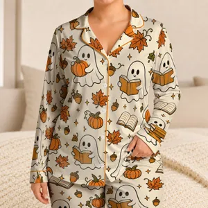 Halloween Ghost Pumpkin Book Reading Gift For Women Cozy Bedtime Comfort Soft Outfit Satin Pajamas Set