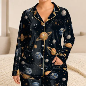 Celestial Planets and Moons for Cozy Bedtime Lounging, Stargazing Gifts for Astronomy Fans Satin Pajamas Set