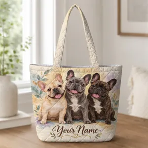 French Bulldog Trio Portrait for Dog Mom Gifts and Everyday Companion Style Wear Quilted Tote Bag