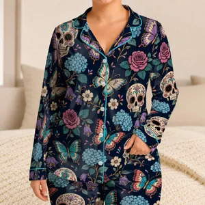 Midnight Navy Sugar Skull Butterfly Botanical Halloween Sleepwear Gift for Women Satin Pajamas Set