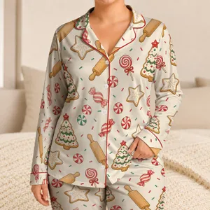 Christmas Cookie Baking Motifs for Cozy Holiday Lounging, Women's Festive Gift Idea Satin Pajamas Set