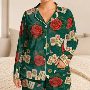 Vintage Mahjong Roses Chinese-Inspired Lounge Gift for Women, Ivory Tile Motif Set Satin Pajamas Set