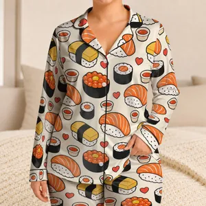 Cute Japanese Sushi Nigiri And Maki Motifs For Cozy Bedtime Lounging, Women And Foodies Satin Pajamas Set