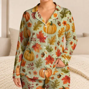 Autumn Pumpkins Maple Leaves Acorns for Cozy Fall Lounging and Holiday Gifting Women Satin Pajamas Set