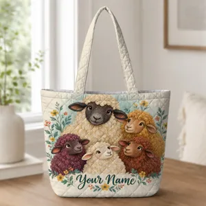 Colorful Sheep and Garden Blooms for Country Days and Farmhouse Gift Giving Quilted Tote Bag