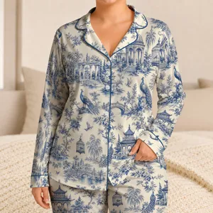 French Chinoiserie Blue Gazebo Garden Toile for Relaxed Lounging and Holiday Gifting Satin Pajamas Set