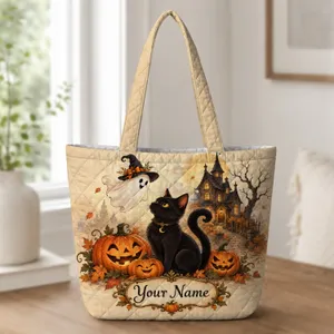 Black Cat, Ghost, Haunted House and Pumpkin Halloween Fall Gift for Cat Lovers This Autumn Quilted Tote Bag