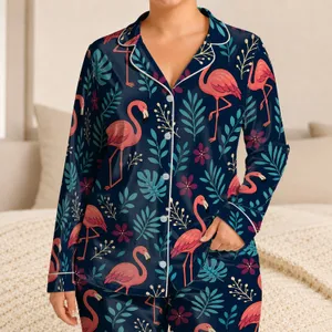 Elegant Flamingo Tropical Botanical Coral Navy Resort Weekend Lounge Outfit for Women Satin Pajamas Set