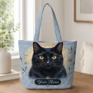 Midnight Black Cat With Golden Eyes For Cozy Cat Lover Gifts And Feline Fans At Home Quilted Tote Bag