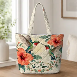 Hummingbirds and Hibiscus for Tropical Garden Lovers and Nature Gift Giving Quilted Tote Bag