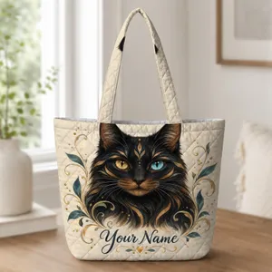 Black Cat Portrait With Amber And Blue Eyes For Cat Lover Gifts And Everyday Style Quilted Tote Bag