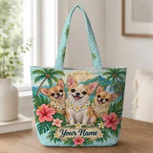 Tropical Chihuahua Trio With Plumeria for Island Days and Pet Lovers Quilted Tote Bag