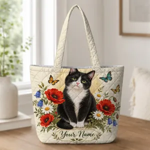 Tuxedo Cat with Garden Flowers and Butterflies for Cat Lovers and Springtime Gifting Quilted Tote Bag