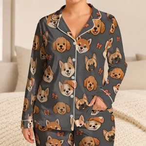 Cute Cartoon Dog Faces With Coral Bows For Cozy Bedtime Lounging And Dog Lover Gifts Satin Pajamas Set