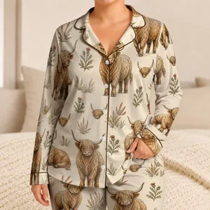 Vintage Highland Cow Farmhouse Rustic Western Holiday Gift for Scottish Cow Lovers Women Satin Pajamas Set