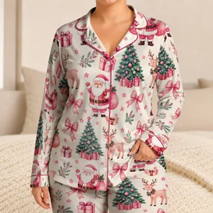 Pink Santa Christmas Bows and Trees for Festive Holiday Lounging, Women's Holiday Gift Satin Pajamas Set