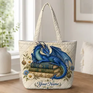 Blue Dragon Over Antique Books for Fantasy Library Readers and Enchanted Bookish Gifts Quilted Tote Bag