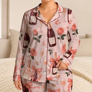 Champagne Bottles Coral Bows Blush Pink for Celebrations and Romantic Lounging Women Satin Pajamas Set