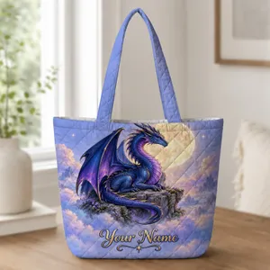 Celestial Moon Dragon Fantasy Gift for Dragon Lovers and Whimsical Night Sky Dreamers Quilted Tote Bag