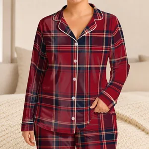 Cranberry Navy Tartan Plaid Loungewear For Cozy Autumn Evenings And Holiday Gifting Satin Pajamas Set
