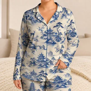 Blue Ivory Chinese Pagoda Landscape Scene for Elegant Lounging and Women's Gifts Satin Pajamas Set