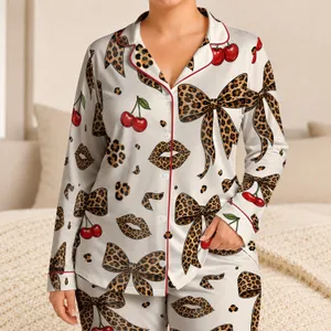 Leopard Bow And Cherry Motif Loungewear For Chic Sleepwear And Relaxed Evenings For Women Satin Pajamas Set