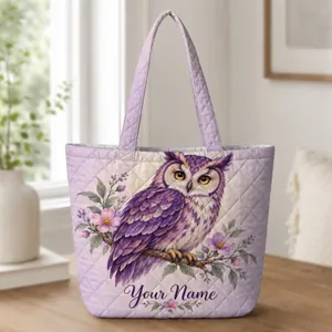 Purple Owl and Wildflowers for Cottagecore Style, Nature Lovers, and Gifts for Her Quilted Tote Bag