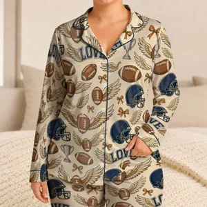 American Football Love Helmets and Winged Ball Motifs for Game Day Lounging Women Satin Pajamas Set