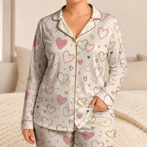 Blush Heart Motif Romantic Sleepwear for Valentine's Day and Cozy Home Lounging Women Satin Pajamas Set