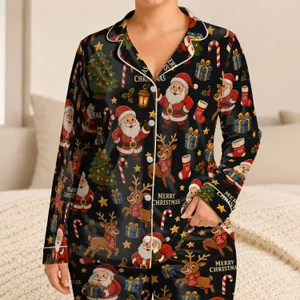Santa Christmas Trees Gifts and Reindeer for Cozy Festive Holiday Lounging Women at Home Satin Pajamas Set
