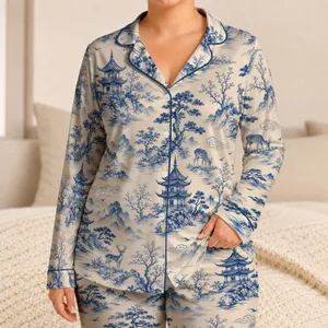 Blue Cream Chinoiserie Pagodas And Deer For Serene Bedtime Lounging At Home Year Round Satin Pajamas Set