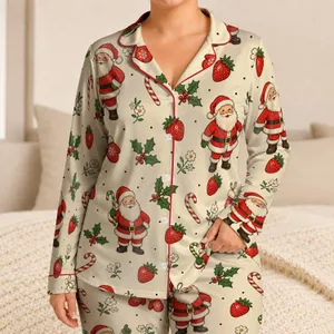 Vintage Santa Strawberry Candy Cane Christmas Holiday Gift for Women Festive Cheer Satin Pajamas Set