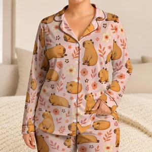 Capybara Floral Cozy Home Lounge Set for Children, Toddler Birthday and Holiday Gift Satin Pajamas Set