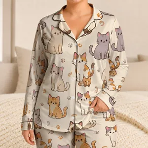 Kawaii Cat Motifs for Cozy Lounging and Sleep, Cute Children's Gift for Cat Lovers Satin Pajamas Set