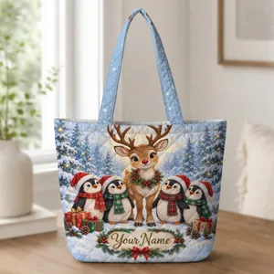 Reindeer and Penguin Christmas Cheer for Cozy Winter Holiday Gift Giving for Her Quilted Tote Bag