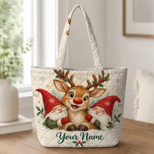 Reindeer And Christmas Gnomes For Festive Holiday Cheer And Seasonal Gift Giving Quilted Tote Bag
