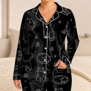 Black Cat Line Art Cozy Lounge Set For Sleepovers, Holidays, And Everyday Comfort Gift Satin Pajamas Set