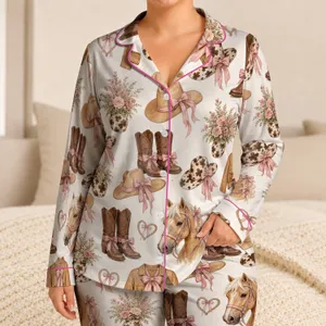 Western Equestrian Cowboy Hat Horse Boots Bow Outfit For Cozy Home Lounging Kids Satin Pajamas Set