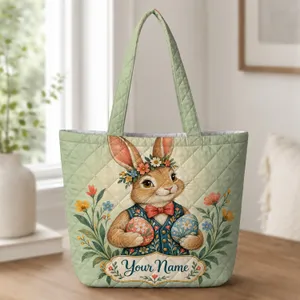 Folk Art Easter Bunny with Painted Eggs for Springtime Celebrations and Gift Giving Quilted Tote Bag