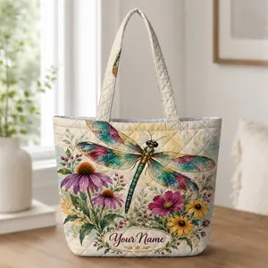 Teal and Gold Dragonfly with Wildflowers for Garden Days and Nature Lovers Gift Idea Quilted Tote Bag