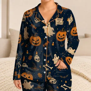 Halloween Pumpkin Ghost Skull Boo Treats For Trick Or Treat Parties And Cozy Nights Satin Pajamas Set