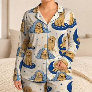 Golden Retriever Puppies With Blue Cushions For Cozy Summer Bedtime And Playtime Satin Pajamas Set
