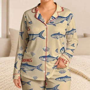 Vintage Sardines Red Lettering Coastal Fish Motif For Relaxed Lounging And Parties Satin Pajamas Set