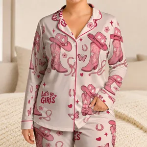 Pink Cowboy Boots, Stars And Dice Western Style For Girls’ Daily Wear And Vacations Satin Pajamas Set