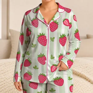 Cute Strawberry Mint Green Stripes for Summer Holiday Gatherings and Parties Girls Satin Pajamas Set